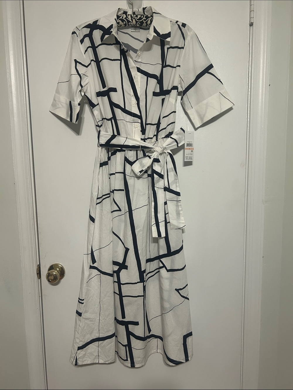DKNY White Midi Shirt Dress with Black Grid Print